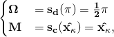 \begin{equation*}\mathbf{ \begin{cases} \mathbf{\Omega} & \mathbf{=s_d(\pi)=\frac{1}{2}\pi} \\ \mathbf{M} & \mathbf{=s_c(\hat{x_{\kappa}})=\hat{x_{\kappa}},} \end{cases} }\end{equation*}